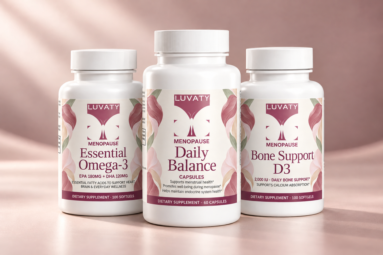 Menopause Daily Essentials Pack — studio photograph of the three included products